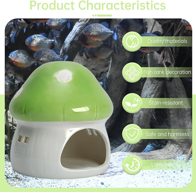 Saim Ceramics Mushroom House Aquarium Decor, Betta Fish Tank Accessories Landscape Decoration, Small Shrimp Goldfishes Habitat Hut Pleco Smalland Breeding Hide Caves Toad House - Green