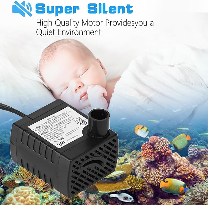 40 GPH Mini Submersible Water Pump (3.2W 150L/H) for Water Feature, Aquariums, Fish Tank, Tabletop Fountain, Pet Fountain, Indoor or Outdoor Pond Fountain