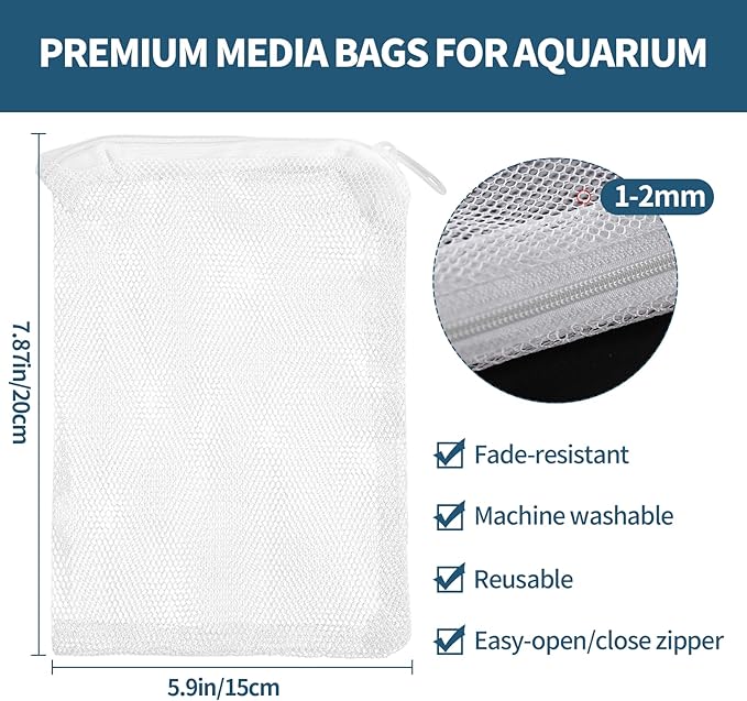 10 Pack 7.8 x 5.9 Inch Media Bags for Aquarium, Aquarium Filter Media Bags with Zipper, Fish Tank Fine Mesh Bag for Carbon, Bio Balls, Ceramic Rings, Volcano Rock(White)