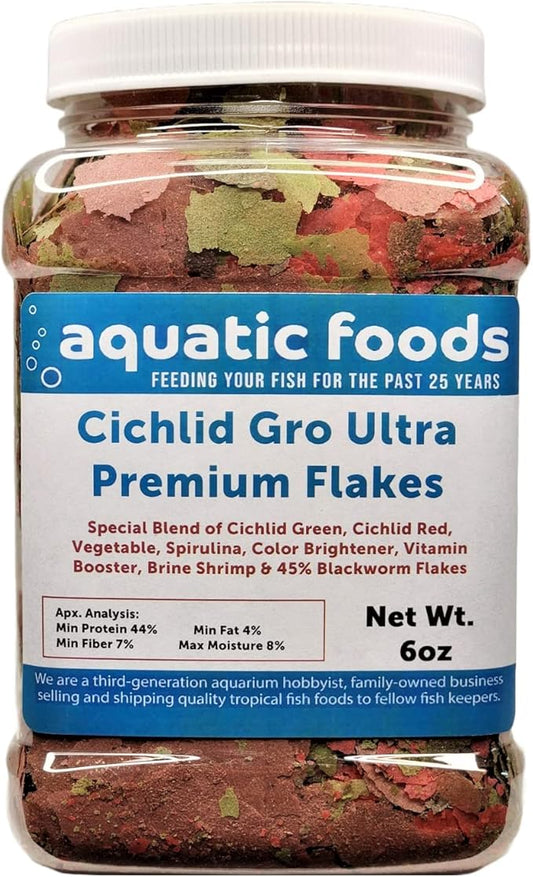 Cichlid Growth Flakes, Ultra 8-Type Premium Flake Mix for Discus, Cichlids, All Tropicals. Aquatic Foods Premiun Flakes - 6oz Med Jar