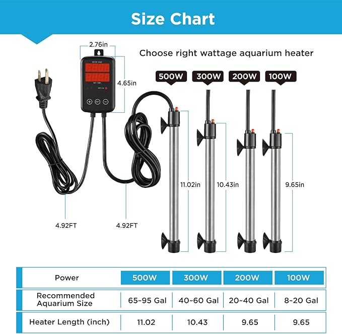 Titanium Aquarium Heater 200W, Submersible Fish Tank Heater with Digital Display Temperature Controller, 0℃-40℃ Adjustable, Fast Heating for 20 ~ 40 Gal Saltwater Freshwater Fish Tank, MX-9016(200W)