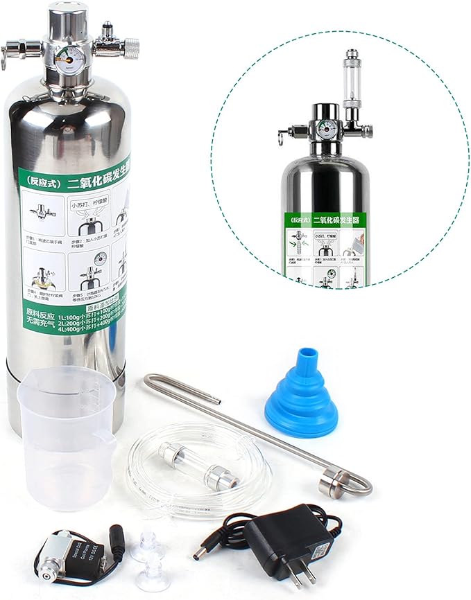 2L Co2 Generator System with Dual Gauge Display Pressure Gauge, DIY Co2 Generator System Kit w/6.56ft Air Hose, Automatic Pressure Relief Valve Bubble Counter for Plants Aquarium, Stable Output