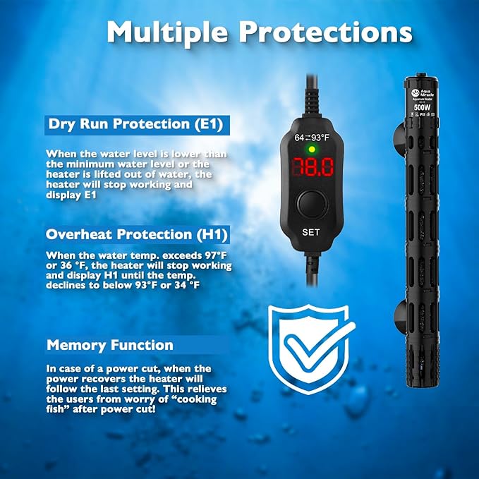 AquaMiracle Submersible Aquarium Heaters, 500W Fish Tank Heater with LED Digital Temp Display, Dry-Run Auto Power-Off & Overheat Protection, for Freshwater and Saltwater Tanks (75-120 Gal)