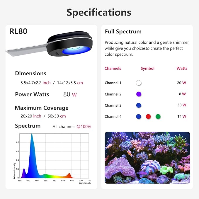 PopBloom RL80 WiFi Reef LED Light, 80W Full Spectrum Marine Reef LED Aquarium Lighting for Soft/LPS Corals & Saltwater Fish Tanks, Built-in Timer, WiFi Phone Programmable, Sunrise Sunset (RL80 WiFi)