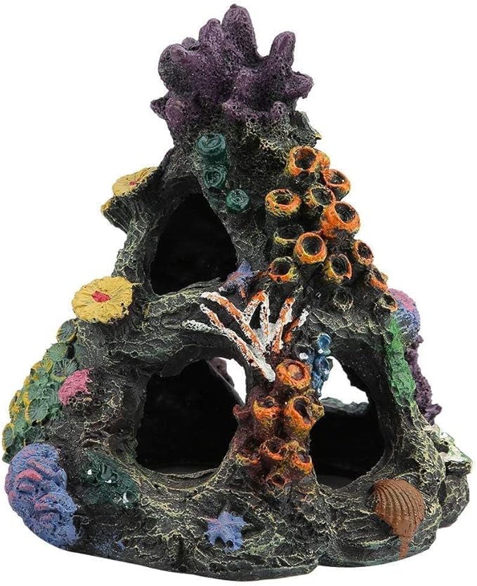PINVNBY Coral Aquarium Decorations (Size: 6.3 x 4.7 x 4.7 inches) Small Fish Tank Decorations Hideout Resin Rock Mountain Cave Ornaments Betta Hideout House for Beta Sleep Rest Hide Play Breed