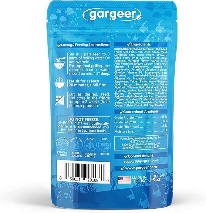 Gargeer 3oz Marine Fish Food for Advanced Breeders. Complete Saltwater Fish Gel Diet. Proudly Made in the USA, Using Premium Ingredients, Ocean Reef Nutrition, Fortified Gourmet Formula. Enjoy...