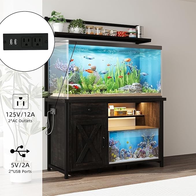 55-75 Gallon Fish Tank Stand with Power Outlet, Led Light, Heavy Duty Aquarium Stand with Cabinet for Fish Tank Accessories Storage, Shelf, for Turtle Tank, Reptile Terrarium, 1100 LBS (Oak)