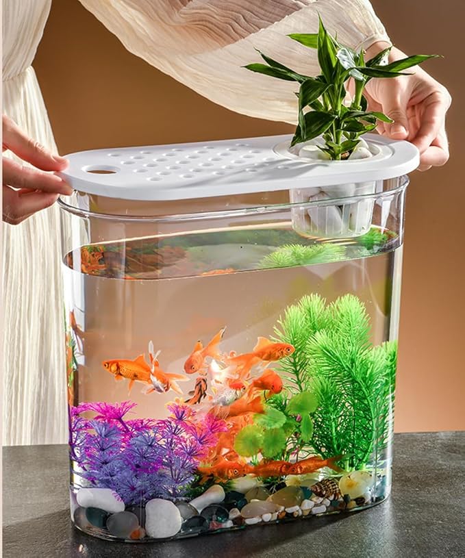 Small Fish Tank 2 Gallon, Desktop Mini Fish Tank, Starter Kits Betta Fish Tank with Decor Stones and Water Grass Decorations for Home or Office