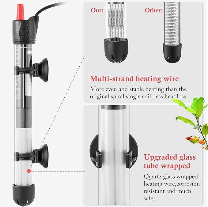 FEDOUR Aquarium Heater 50W 100W 300W, Submersible Glass Fish Tank Heater for Fresh and Salt Water (100W)