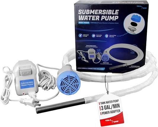TERA PUMP - 12v Submersible Fish Tank Water Pump w/ 10ft Discharge Hose and Filtered Mesh Intake, 3GPM Aquarium Drain Pump Water Changes