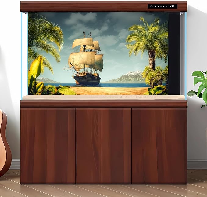 Tropical Island Aquarium Background Vintage Pirates Ship Lush Palm Trees Fish Tank Background Sunset Cloudy Blue Ocean Seascape Wonderland Terrarium Backgrounds for Tank Backgrounds Decors 48x18in