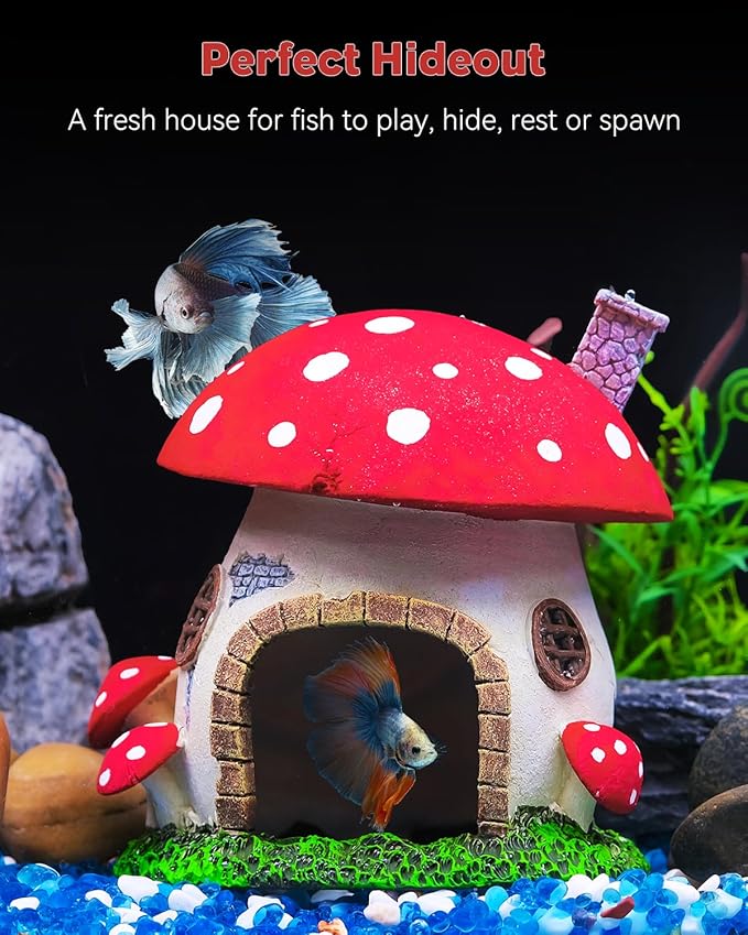Uniclife Aquarium Mushroom House Fish Tank Decoration Resin Mushroom Cottage Ornament for Fish Tank Landscape Aquarium Hideout Hideaway Spawning Cave Decor for Shrimp Betta Goldfish and Reptiles