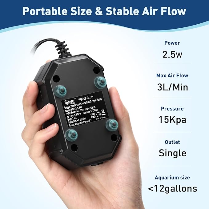 hygger Aquarium Air Pump, Ultra Quiet Oxygen Aerator with Air Stone Airline Tubing Check Valve, Aquarium Fish Tank Air Bubbler for 3 to 79 Gallon Tank and Bucket