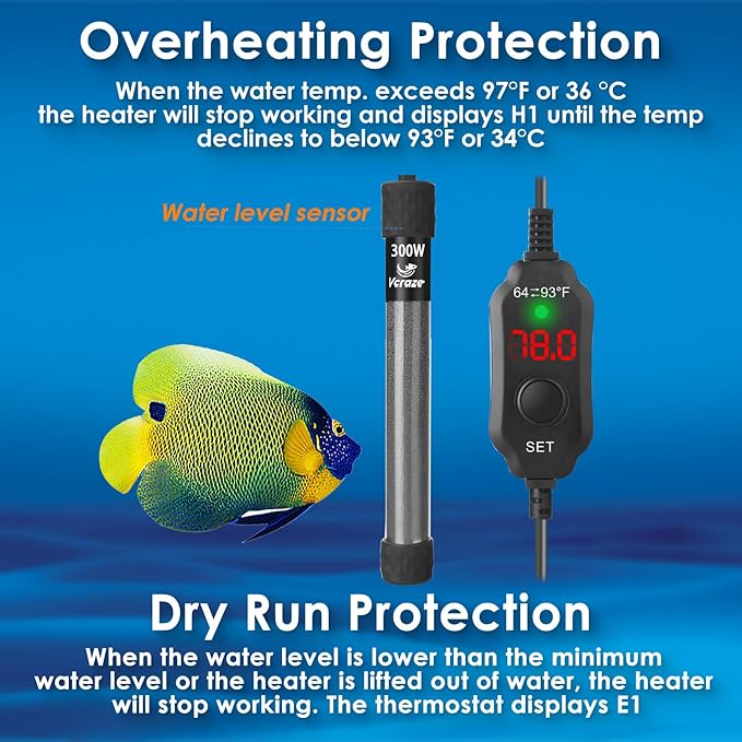 300W Compact Aquarium Heater for 40-60 Gallon Tanks | Submersible Fish Tank Heater with LED Digital Thermostat, Dry-Run & Overheat Protection, Memory Function