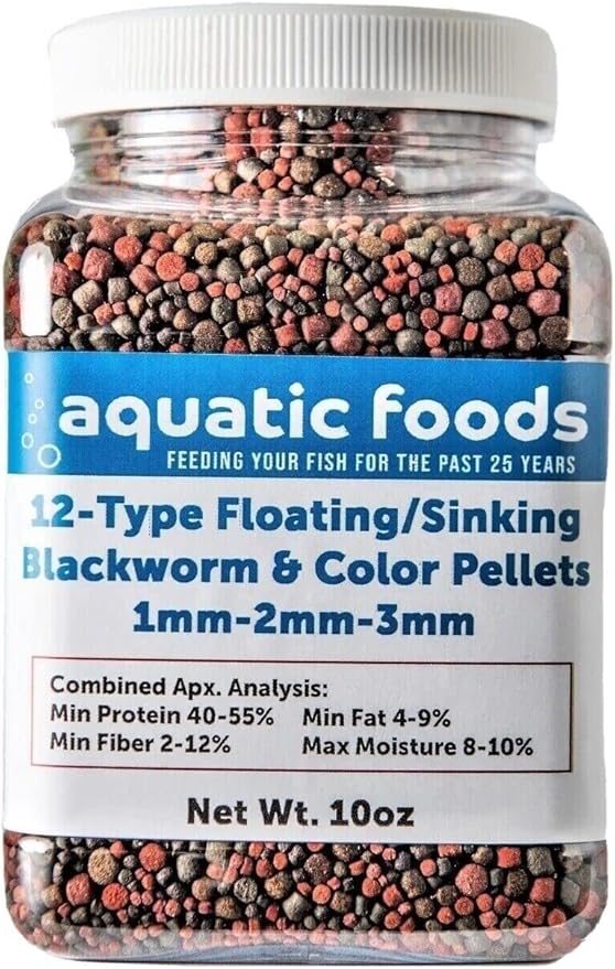 12-Type Floating & Sinking Blackworm & Intense Coloring 1mm, 2mm, 3mm Pellets for Discus, Cichlids, All Tropicals, Koi and Pond Fish...10oz Small Jar