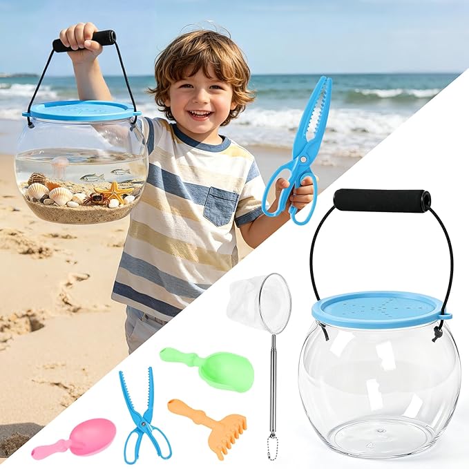 Kids Beach Exploration Kit, Catch & Release Aquarium Toy Set with Net, Crab Tongs, Sand Shovels & Clear Critter Keeper, Beach Toys for Kids Ages 2–12 (Beach, Lake, River)