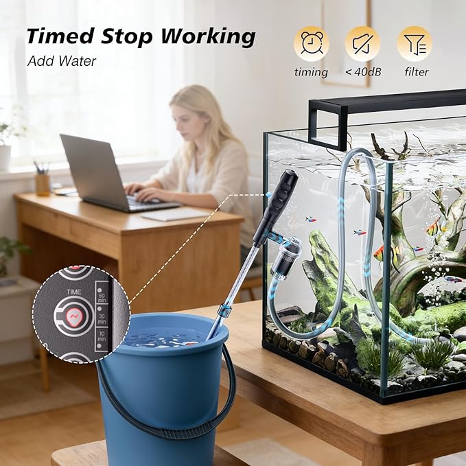 AKKEE Aquarium Vacuum Gravel Cleaner Handle Control, 8 in 1 Multifunctional 36W Electric Fish Tank Cleaner Vacuum for Automatic Water Change, Wash Sand, Water Circulation and Timed Off