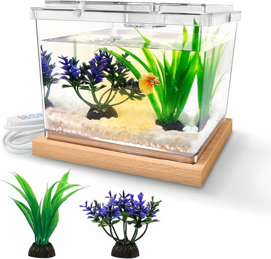 MoonOrange Mini Betta Fish Tank Kit with LED Light Base, Small Fish Bowl for Temporary Space, 0.2 Gallon Stackable Cube Tank with Artificial Plants for Small Fish, Insect, Shrimp, Crab, Spider (Kit-2)