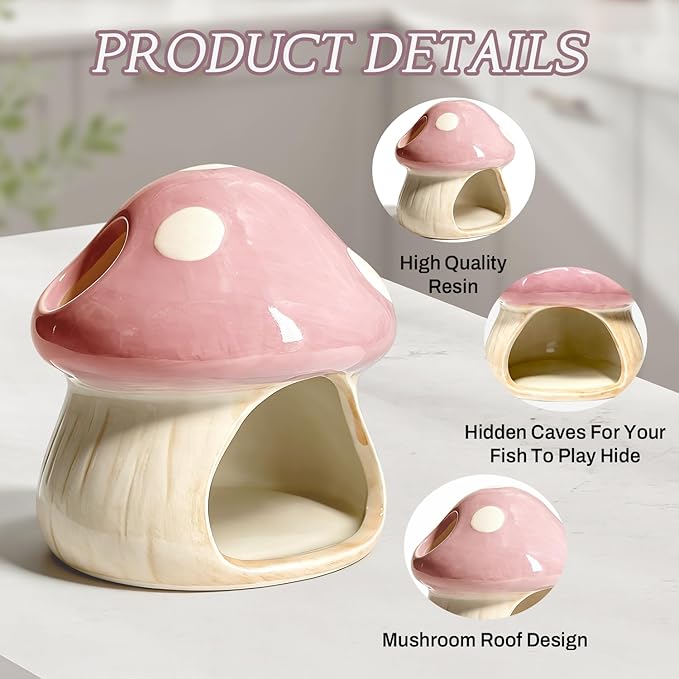 Betta Fish Tank Accessories, Ceramic Mushroom House Aquarium Decor - Cute Pink Hideout Cave Ornament for Small Fish, Shrimp, Goldfish, Hamsters & Reptiles (Pink)