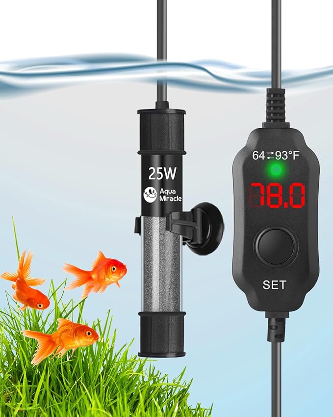 AquaMiracle Aquarium Heater 25W Fish Tank Heater for 3-5 Gal Tanks, LED Digital Display Thermostat Turtle Heater with Out-of-Water Auto Shut-Off, Overheat Protection & Memory Function