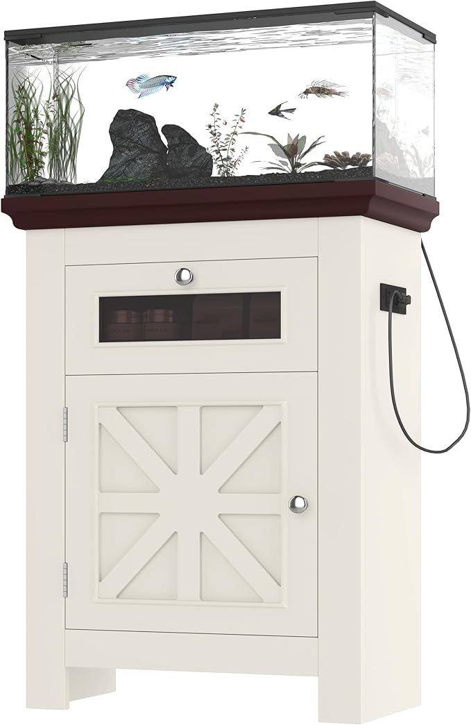 10-15 Gallon Fish Tank Stand, Farmhouse Aquarium Stand with Power Outlets, Storage Cabinet and Drawer, Wood Fish Tank Table for Reptile/Turtle/Terrarium Tank, 198LBS Capacity, Beige