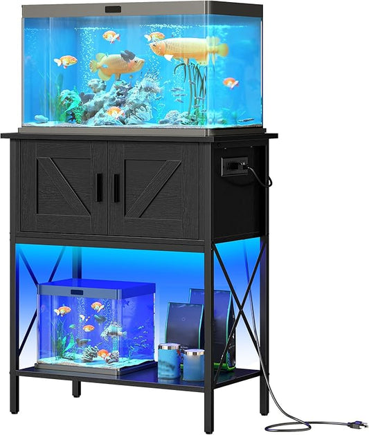 HOOBRO 20 Gallon Fish Tank Stand with Power Outlets and LED Light, Metal Frame Aquarium Stand, Reptile, Turtle Tank Stand with Cabinet Storage, 27.6'' L x 15.7'' W, 300 LBS Capacity, Black BB40UDFT01