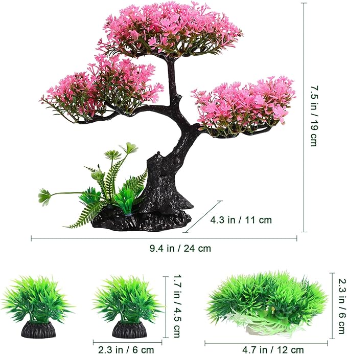 Plastic Aquarium Plants for Fish Tank, Realistic Cherry Blossom Tree & Green Water Grass, Safe for Your Aquatic Pets and Water Quality, Lifelike Artificial Plants for Nature Underwater Landscape