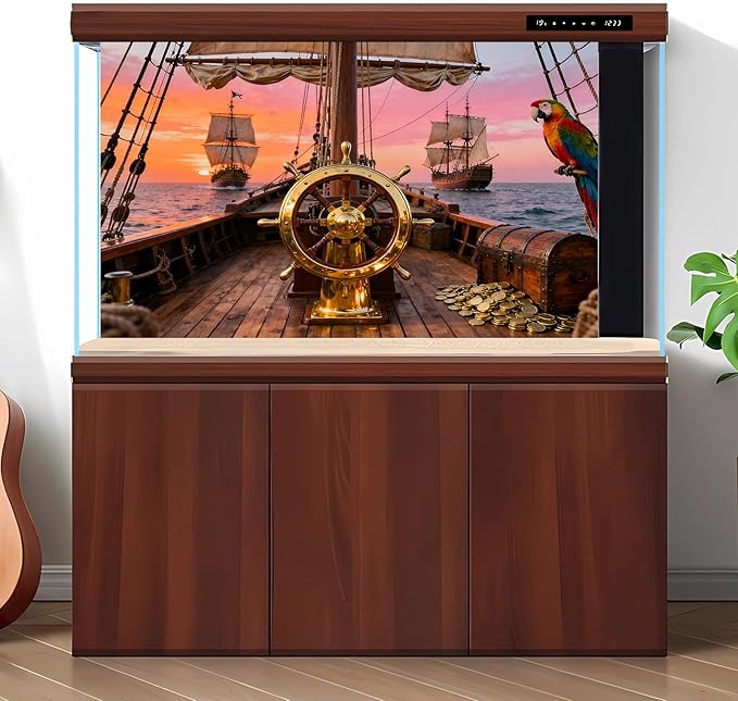 Sunset Ancient Sailing Boats Aquarium Background Luxurious Steering Wheel Treasure Chest Coins Wooden Sailboat Fish Tank Background Ocean Seascape Terrarium Backgrounds for Tank Decors 48x24in