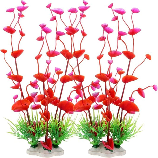 2 Pack 9.5 Inch Seaweed Artificial Aquarium Plants, Red, Plastic, with Ceramic Base, for Aquarium, Indoor