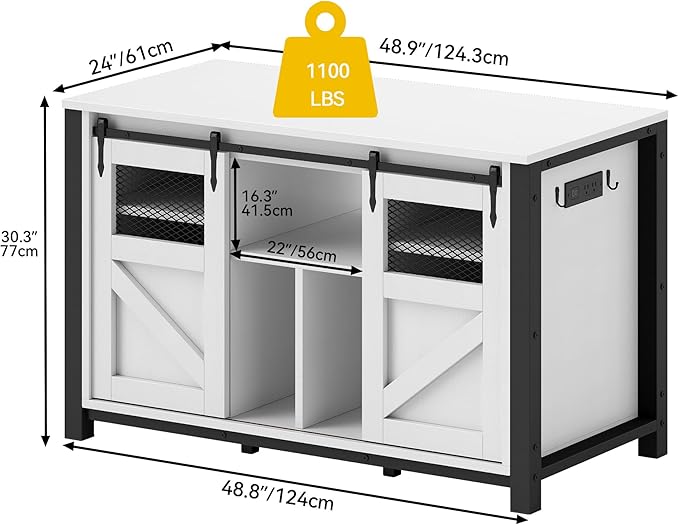 DWVO 40-120 Gallon Fish Tank Stand with Power Outlets, Heavy Duty Large Aquarium Stand with Barn Door, Reptile Tank with Storage Terrariums Table for Turtle Fish, White