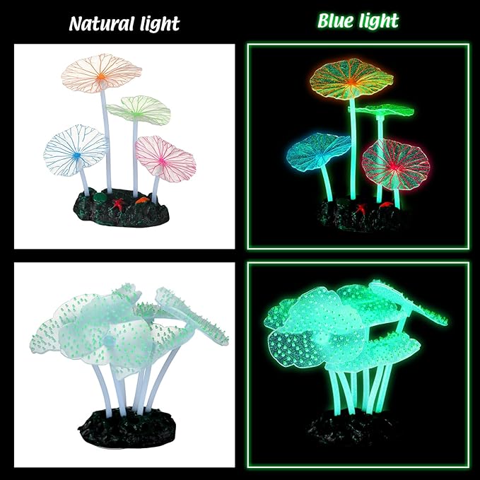 Frienda 8 Pieces Glowing Effect Fish Tank Decorations Artificial Plants with 2 Style Glowing Kelp, Sea Anemone, Simulation Coral, Jellyfish, Lotus Leaf, Mushroom for Aquarium Ornament(Blue, Pink)