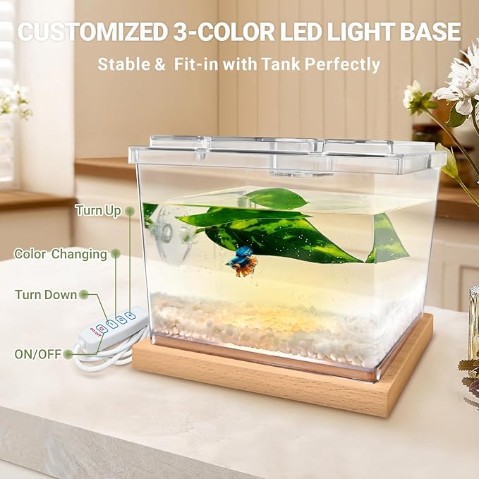 MoonOrange Mini Betta Fish Tank Kit with LED Light Base, Small Fish Bowl for Temporary Space, 0.2 Gallon Stackable Cube Tank with Betta Leaf for Small Fish, Insect, Shrimp, Crab, Spider (Kit-1)