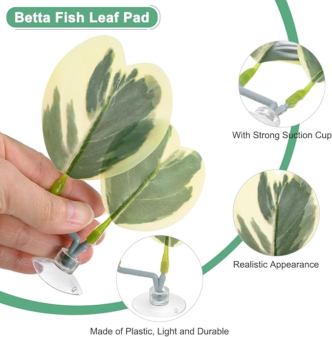 M METERXITY 2-Pack Betta Fish Leaf Pad, Hammock Plant Leaf Pad, Realistic Resting Fish Rest Bed for Fish Tank Decorations/Aquarium Accessories/Breeding [Green and White, Grape Leaves-Shaped]