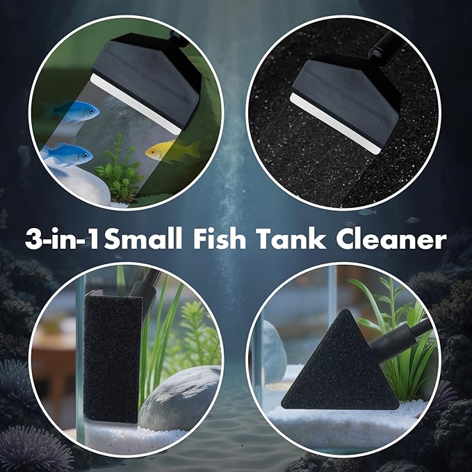5PCS Small Fish Tank Cleaner Kit: 3-in-1 Algae Scraper with Blade & Sponge Brushes, Curved Aquarium Tweezers & 2" Magnetic Glass Cleaner for Nano Tanks up to 30cm/12 (10 Gallon & Under)