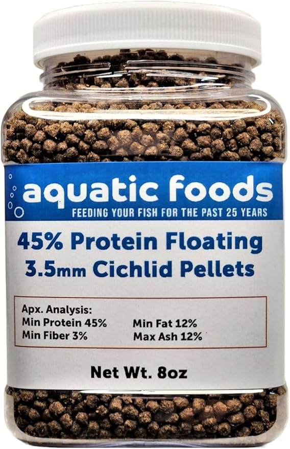 Cichlid Pellets, 45% Protein Floating 3.5mm (9/64") Pellets for Discus,Oscars, Central American, South American Cichlids…8oz Small Jar