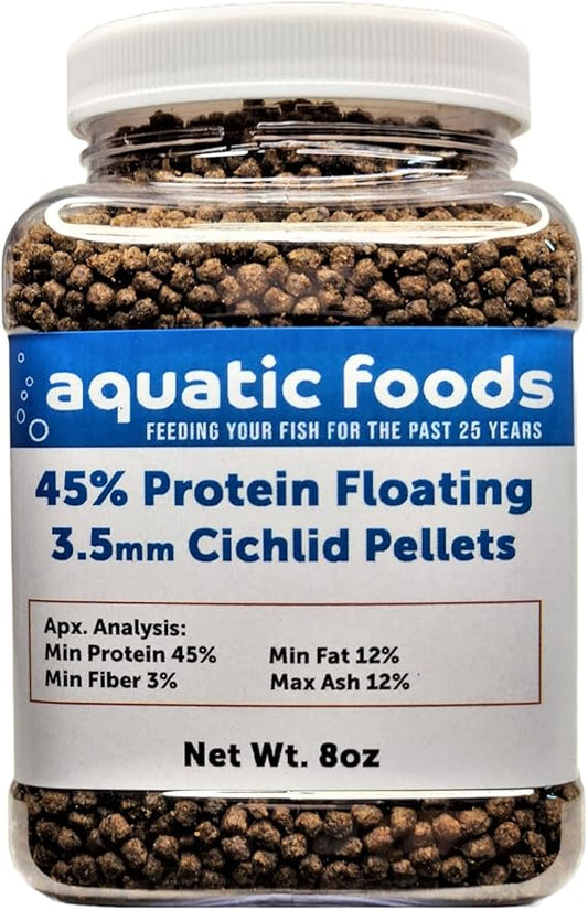 Cichlid Pellets, 45% Protein Floating 3.5mm (9/64") Pellets for Discus,Oscars, Central American, South American Cichlids…8oz Small Jar