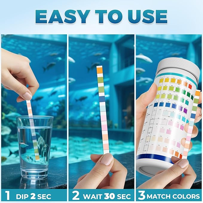 BACNUNN Aquarium Test Strips: 200CT 9 in 1 Quick & Accurate Fish Tank Water Testing Kit for Freshwater Pond Testing Nitrate Nitrite Hardness Free Chlorine pH Carbonate Total Alkalinity Copper Iron