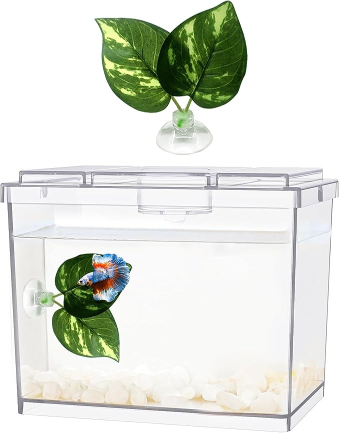MoonOrange Mini Betta Fish Tank, Small Fish Bowl for Temporary Space, 0.2 Gallon Stackable Cube Tank with Betta Leaf and Gravels for Small Fish, Insect, Shrimp, Crab, Spider.(Pack-1)