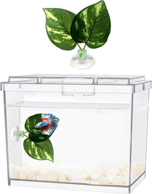 MoonOrange Mini Betta Fish Tank, Small Fish Bowl for Temporary Space, 0.2 Gallon Stackable Cube Tank with Betta Leaf and Gravels for Small Fish, Insect, Shrimp, Crab, Spider.(Pack-1)