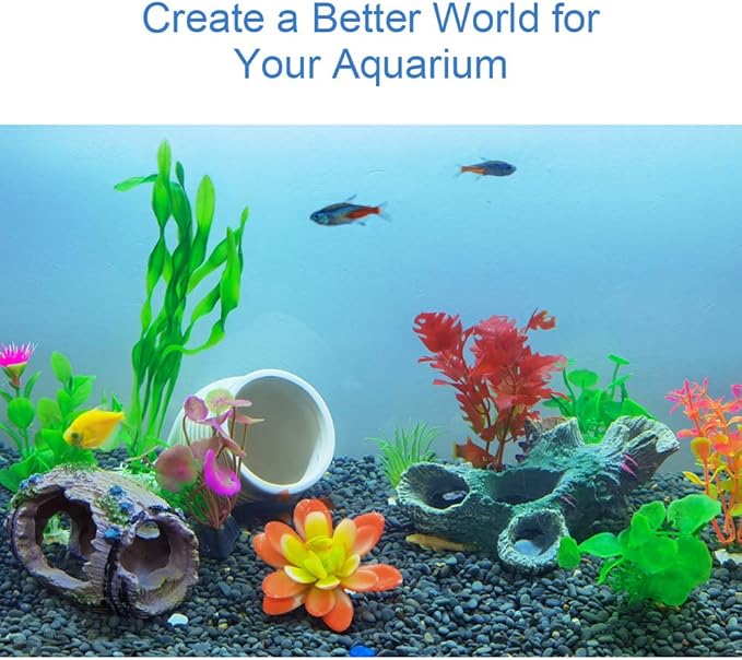Aquarium Decorations Set, Fish Tank Decor with Artificial Plants and Resin Ornaments, Betta Fish Tank Accessories for Small Tanks, Soft Safe Plastic Plants with Hideout Cave Décor(Ornaments set #2)