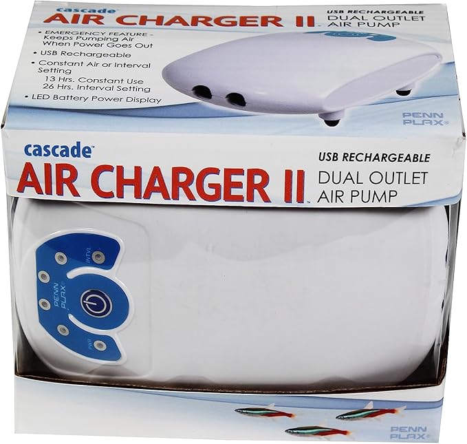 Penn-Plax Cascade Air Charger II (DC USB Rechargeable Dual Air Pump) – Designed for Every Day Use and Emergency Power Outages (2 Outlets)