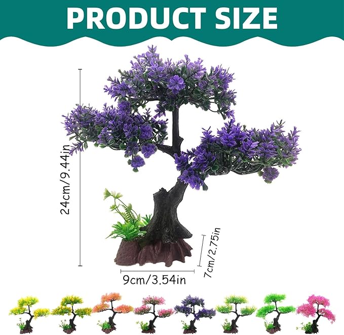 Aquarium Artificial Plants Decor, Cherry Blossom Tree with Grass Set, Pink Plastic, 9.44x3.54x2.75 Inches, for Nature Underwater Landscape (Green)