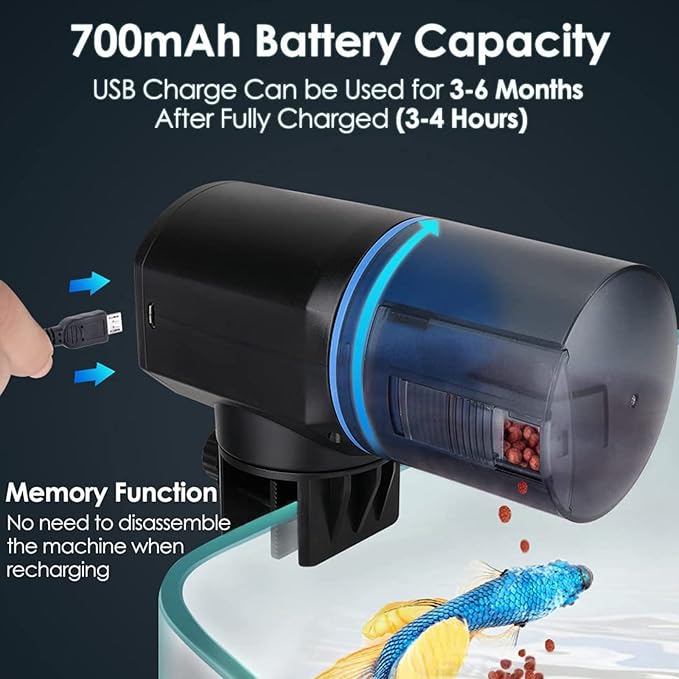 Automatic Fish Feeder,USB Rechargeable 200ML Large Capacity Aquarium Fish Tank Food Dispenser with Timer for Small Tank, Big Aquariums & Pond for Vacation and Weekend