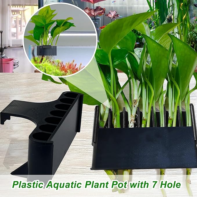 2PC 7 Holes Upgraded Aquarium Plant Holder, Aquatic Plants Cup for Tank, Fish Tank Plant Holder with Long Hook, Aquarium Feeder for Aquascape Decorations on Top of Tank (Black-2PC)