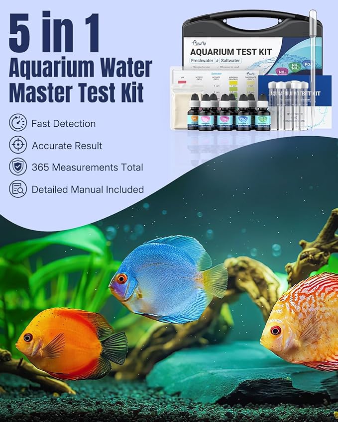 Pawfly 5 in 1 Aquarium Water Master Test Kit, Aquarium Water Test Kit Fish Tank Water Testing Kit for pH Nitrite Nitrate Ammonia & Phosphate, Aquarium Test Kit for Freshwater & Saltwater Fish Tanks