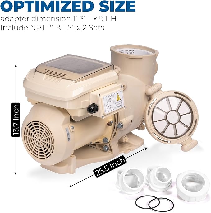 XtremepowerUS 2HP SuperFlow Variable Speed Swimming Pool Pump 230V, InGround 7,860 GPH 1.5" 2" Fitting Adapter, Self Priming Compatible EC-342001 Max 2.2HP
