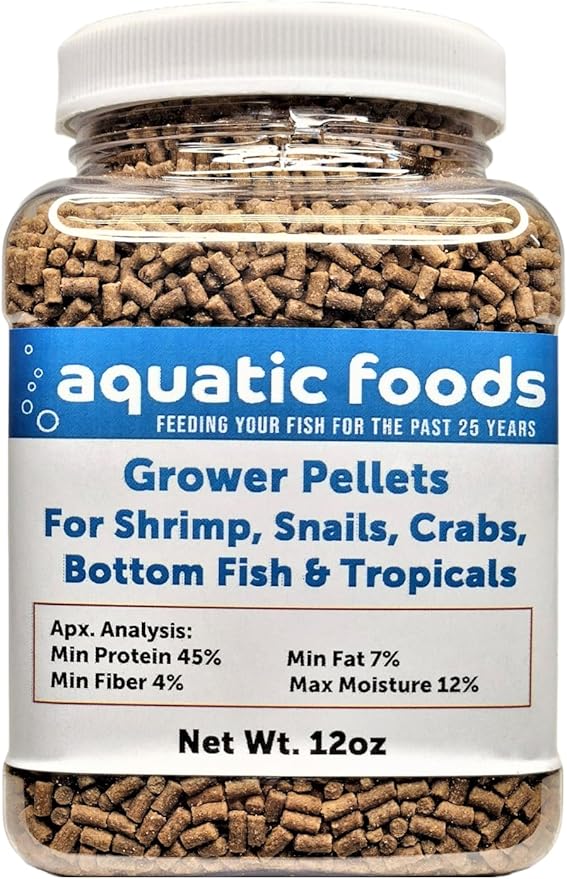 Shrimp Grower 45% Protein Sinking Pellets, 1/16" x 3/8" for Shrimp, Snails, Crabs, Catfish, Plecos, All Tropical Fish by Zeigler - 12oz Small Jar