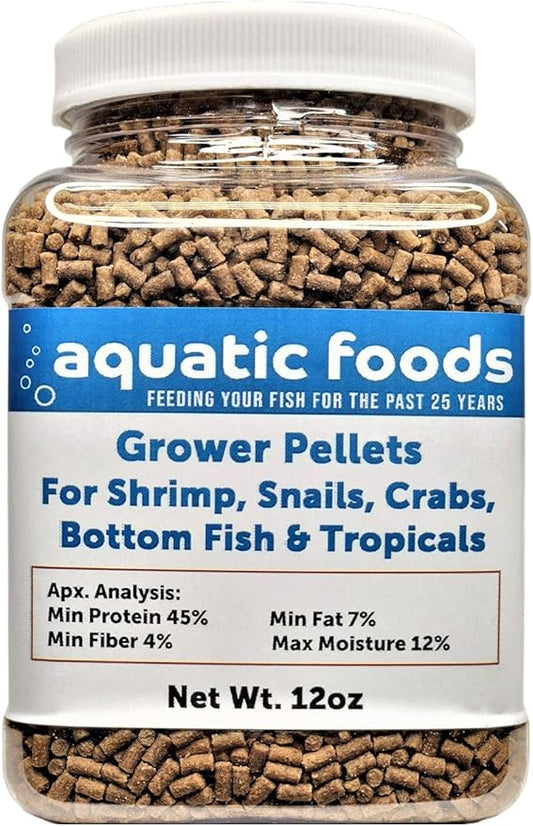 Shrimp Grower 45% Protein Sinking Pellets, 1/16" x 3/8" for Shrimp, Snails, Crabs, Catfish, Plecos, All Tropical Fish by Zeigler - 12oz Small Jar