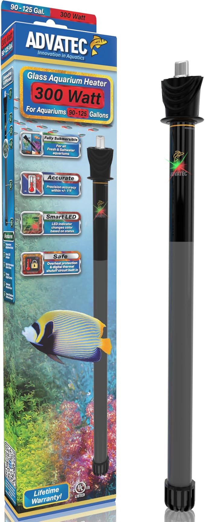Glass Aquarium Heaters with Advanced LED Temperature Control System - for Fresh & Saltwater Aquariums (300 Watts / 90-125 Gallons)