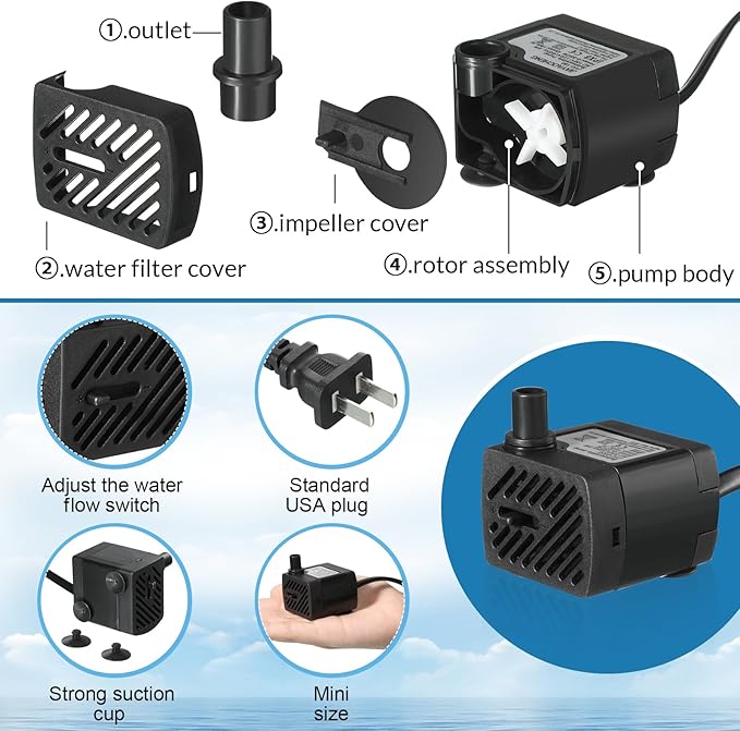 Lounsweer 12 Set Mini Fountain Pump 50 GPH 3W Small Submersible Water Pump with 3.3 ft Tube Electric Quiet Aquarium aspirator for Fish Tank, Pond, Pool, Aquariums, Pet Fountain Hydroponics